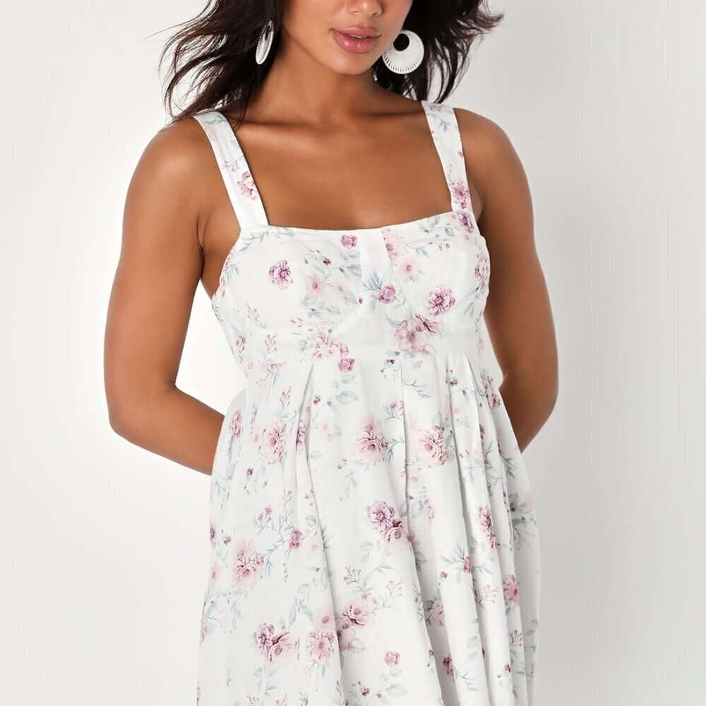 Lulus Flirty Blossom White Floral Print Sleeveless Babydoll‎ Dress View 3
